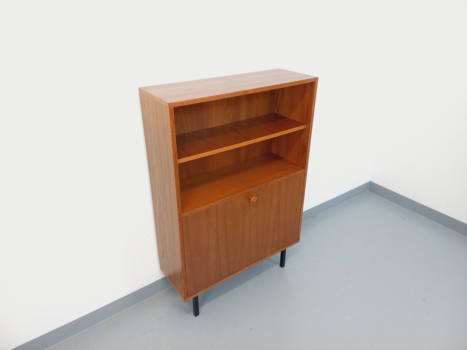 photo buy Modernist Bookcase 2 In Teak And Black Metal Legs