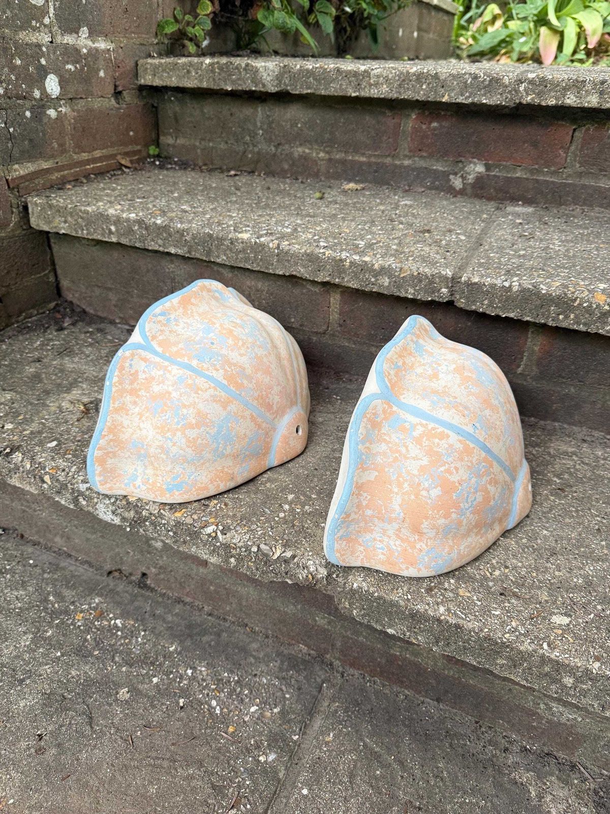 Vintage Pair Of Plaster Wall Planters Or Vintage Outdoor Light Sconces   Delightfully Mediterranean, 1980s Painted Finish, Shell Shaped photo vinterior