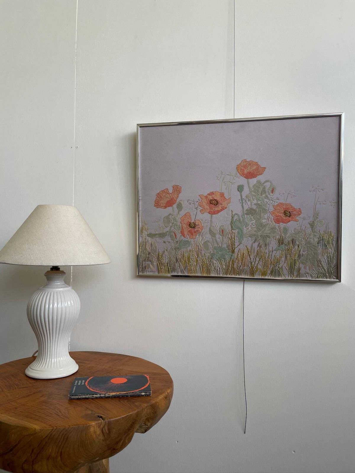 80s Needlework Art Of Poppies And Grass In A Muted Blue Grey Scene By Mary Boughey photo furniture