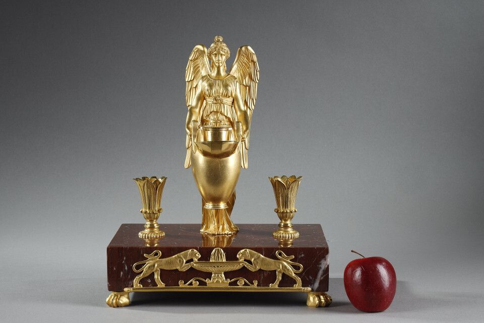Gilt Bronze And Griotte Red Marble Inkwell, Empire Period, Early 19th Century photo for sale