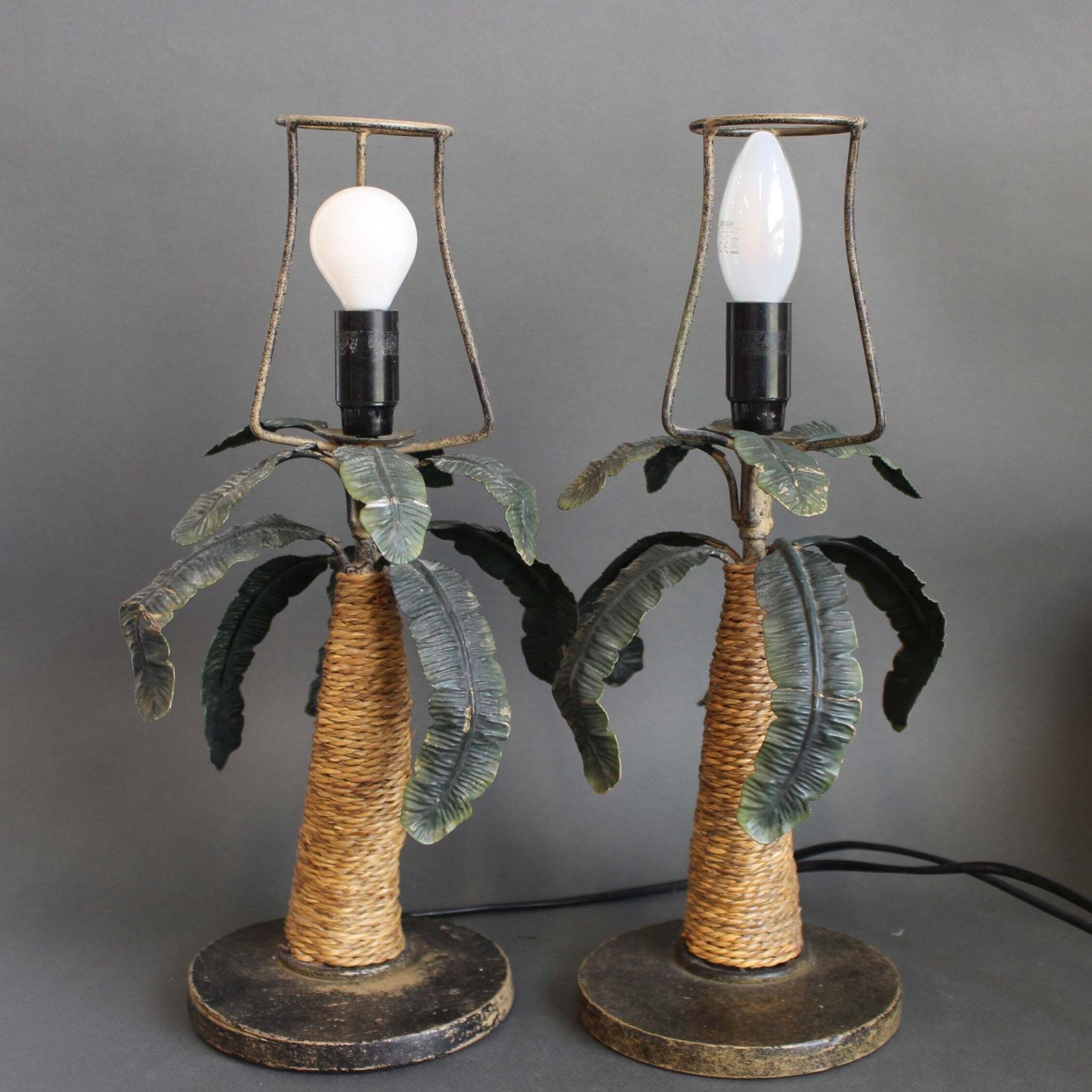 Pair Of Mid Century French Tôle Palm Tree Table Lamps (Circa 1960s) photo vintage