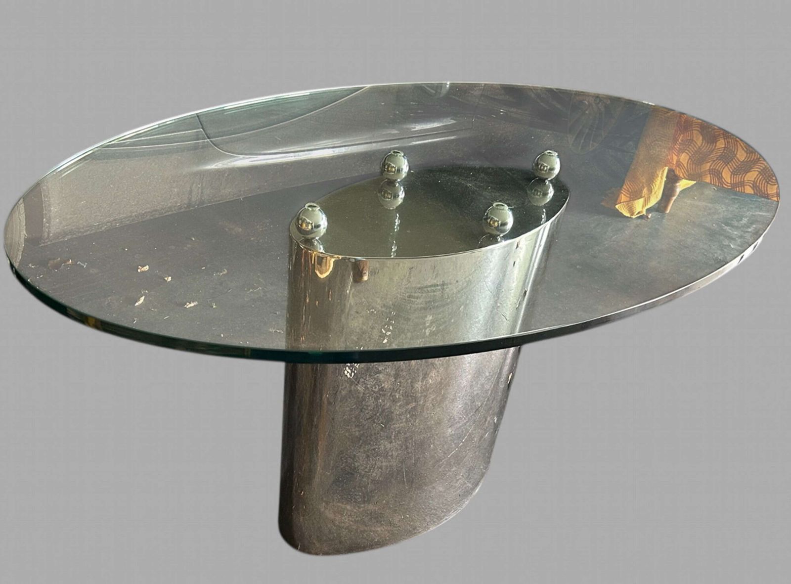 A Decorative Italian Clear Glass Oval Table On Chrome Stand photo furniture