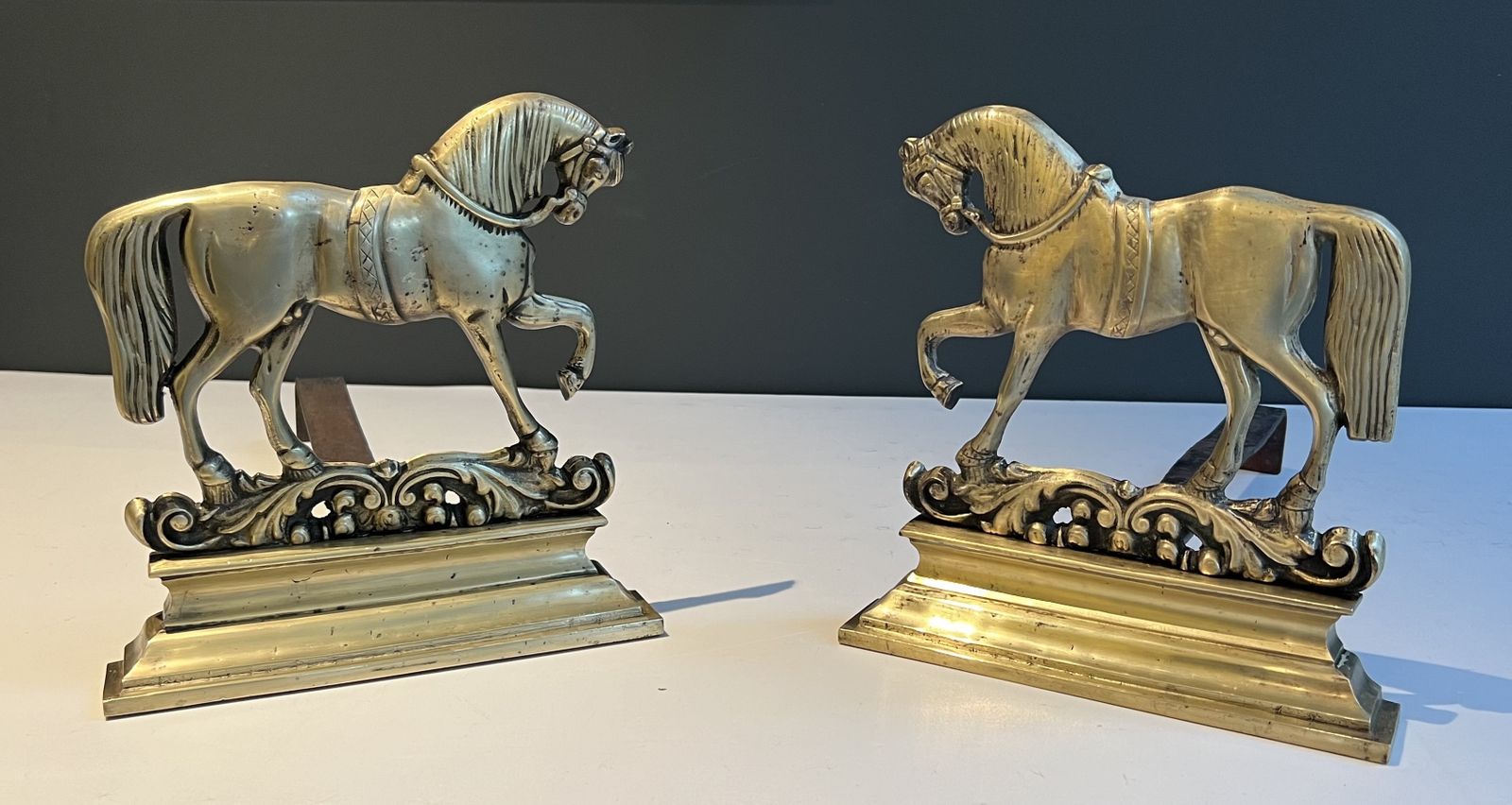 Pair Of Bronze Horse Andirons, 1970s photo Art