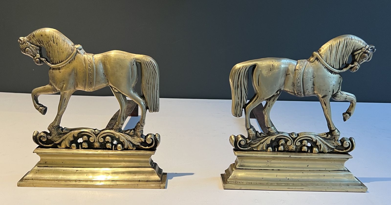 photo vinterior Pair Of Bronze Horse Andirons, 1970s