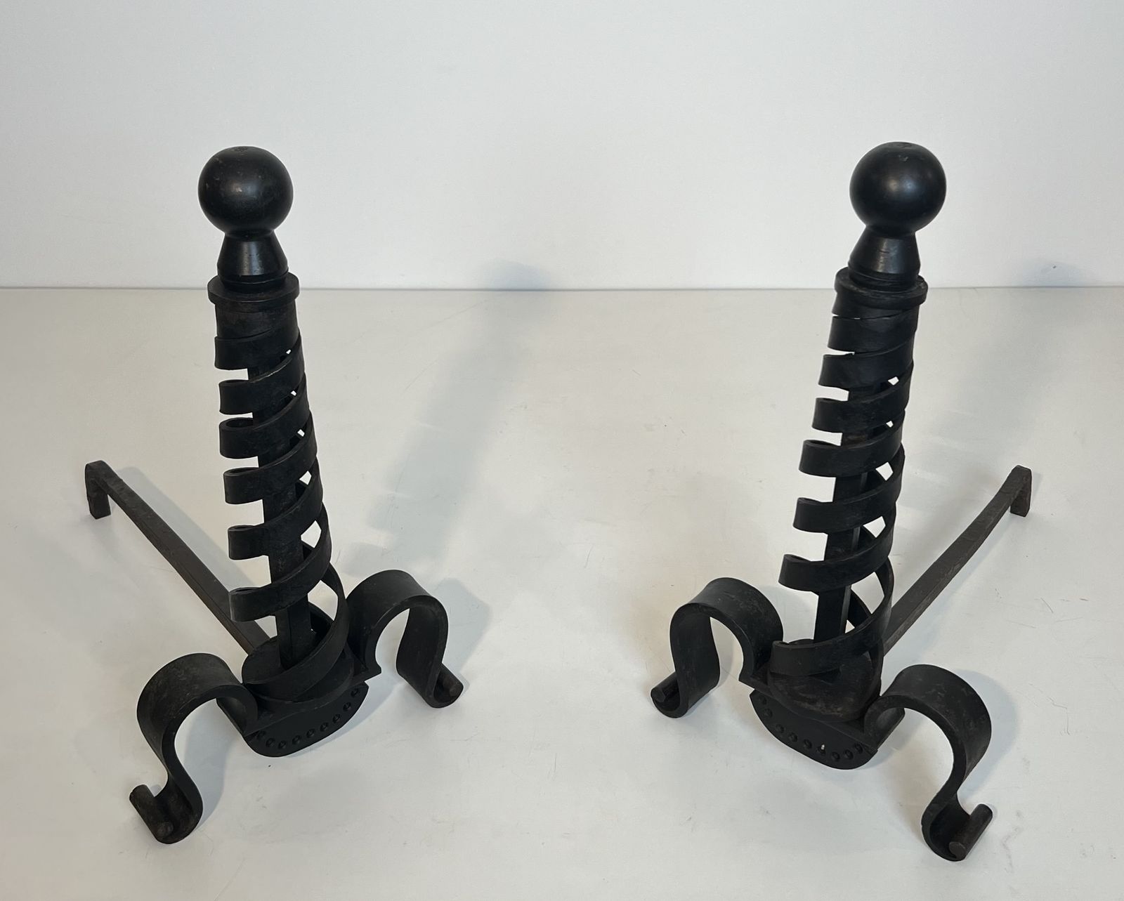 Pair Of Modernist Wrought Iron Andirons By Raymond Subes photo for sale