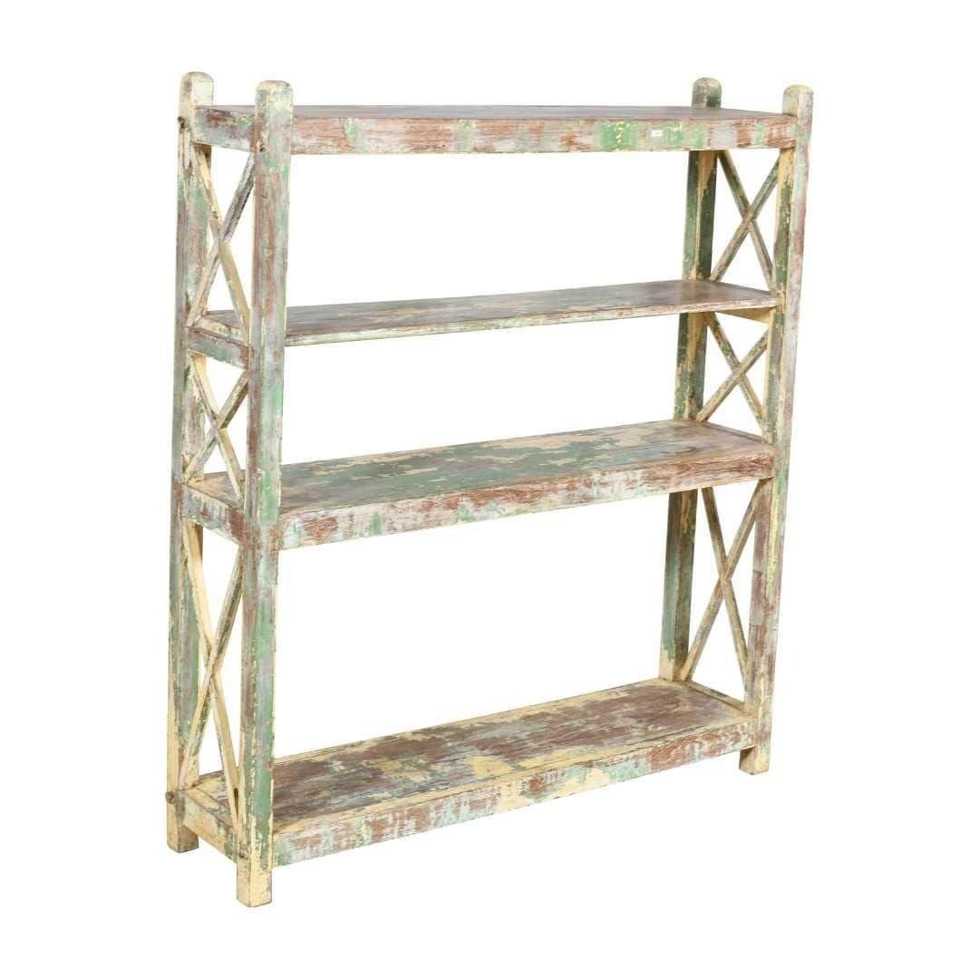 Antique Pistachio Patina Teak Kitchen Rack – Indian Industrial 4 Tier Pan Storage, C1900