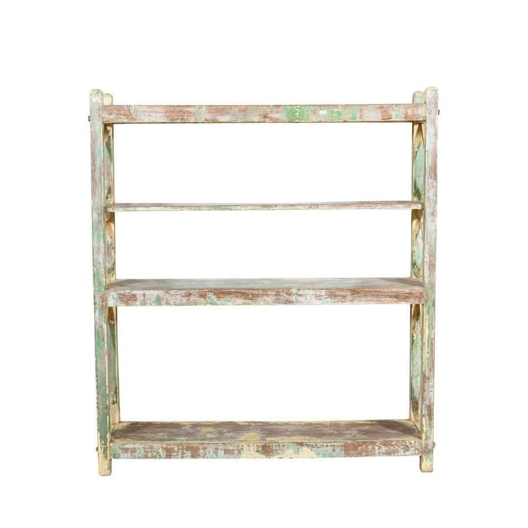 Antique Pistachio Patina Teak Kitchen Rack – Indian Industrial 4 Tier Pan Storage, C1900 photo furniture