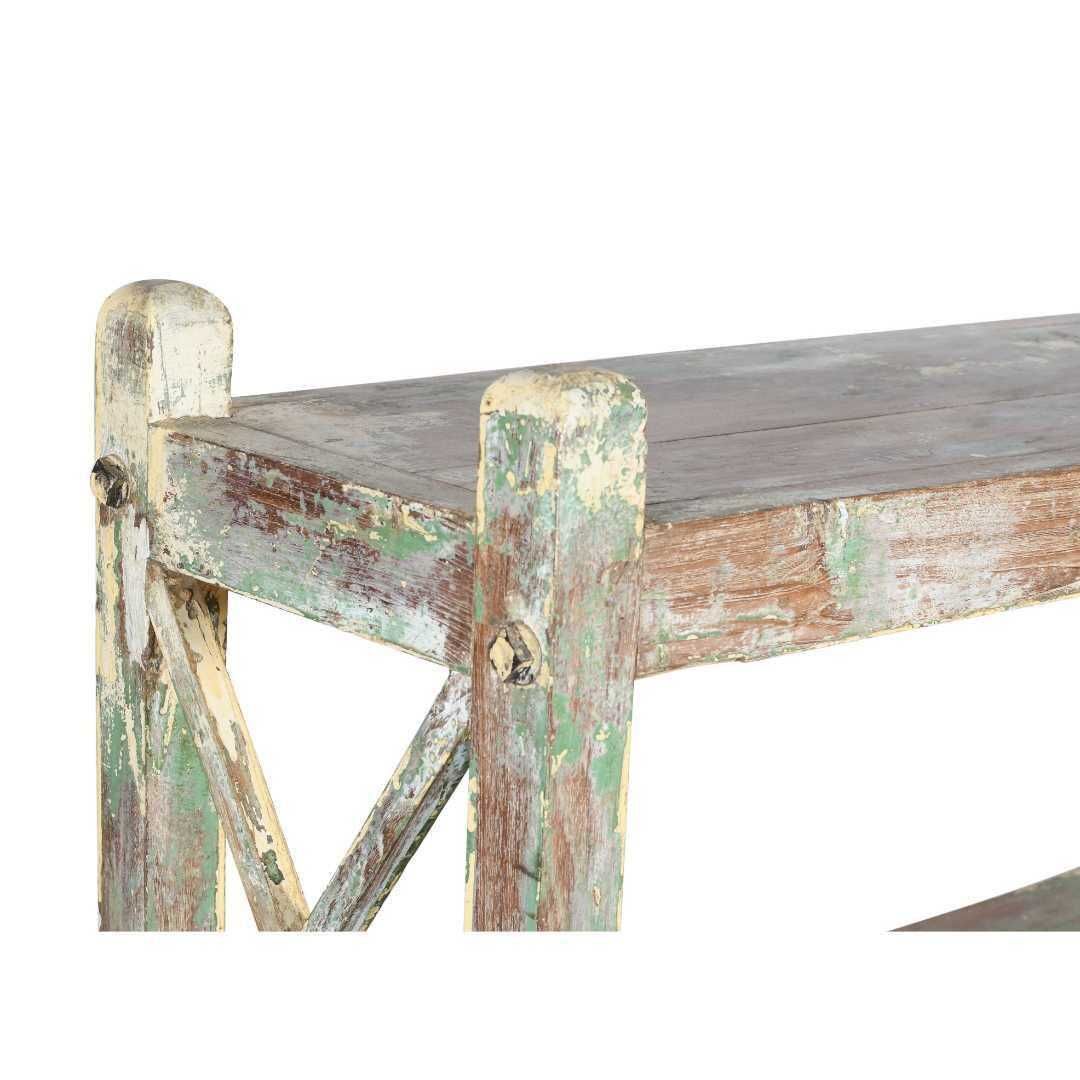 Antique Pistachio Patina Teak Kitchen Rack – Indian Industrial 4 Tier Pan Storage, C1900 photo for sale