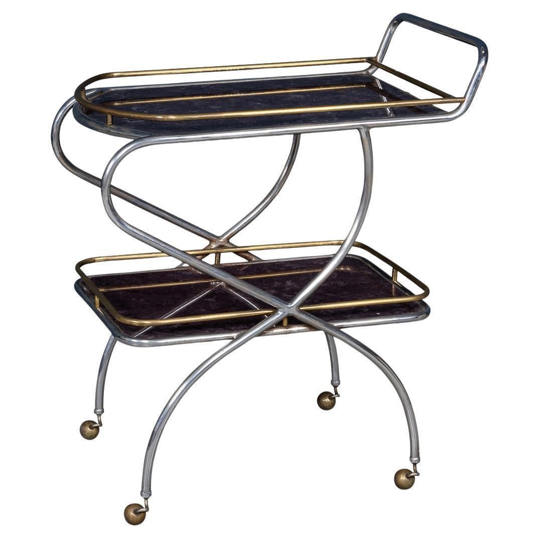 Vintage 20thc Italian Steel & Glass Drinks Trolley With Marble Effect C.1980