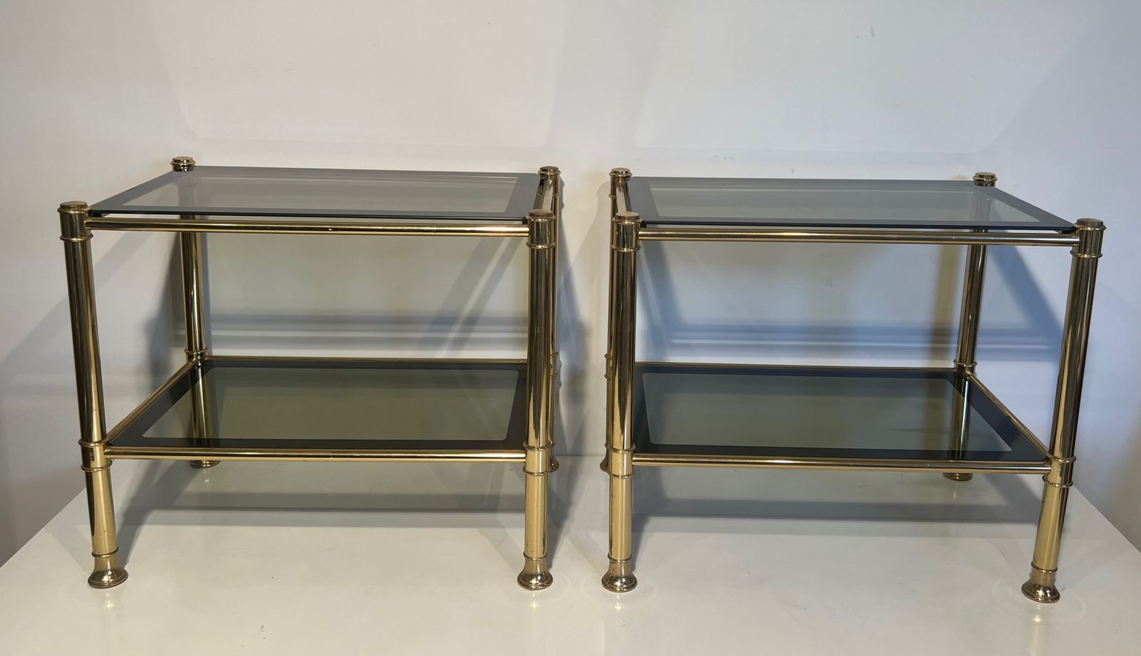 Pair Of Brass End Tables With Smoked Glass Trays. Circa 1970 photo furniture