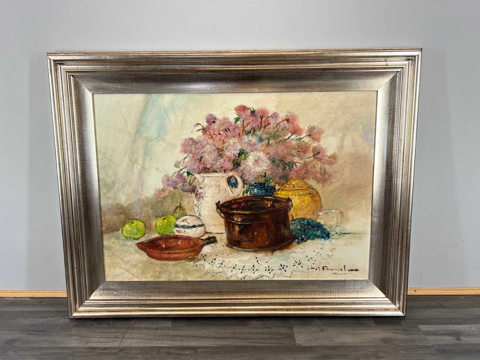 Signed Oil Painting Still Life Flowers Fruit Large Framed Artwork Lot 3821 photo furniture