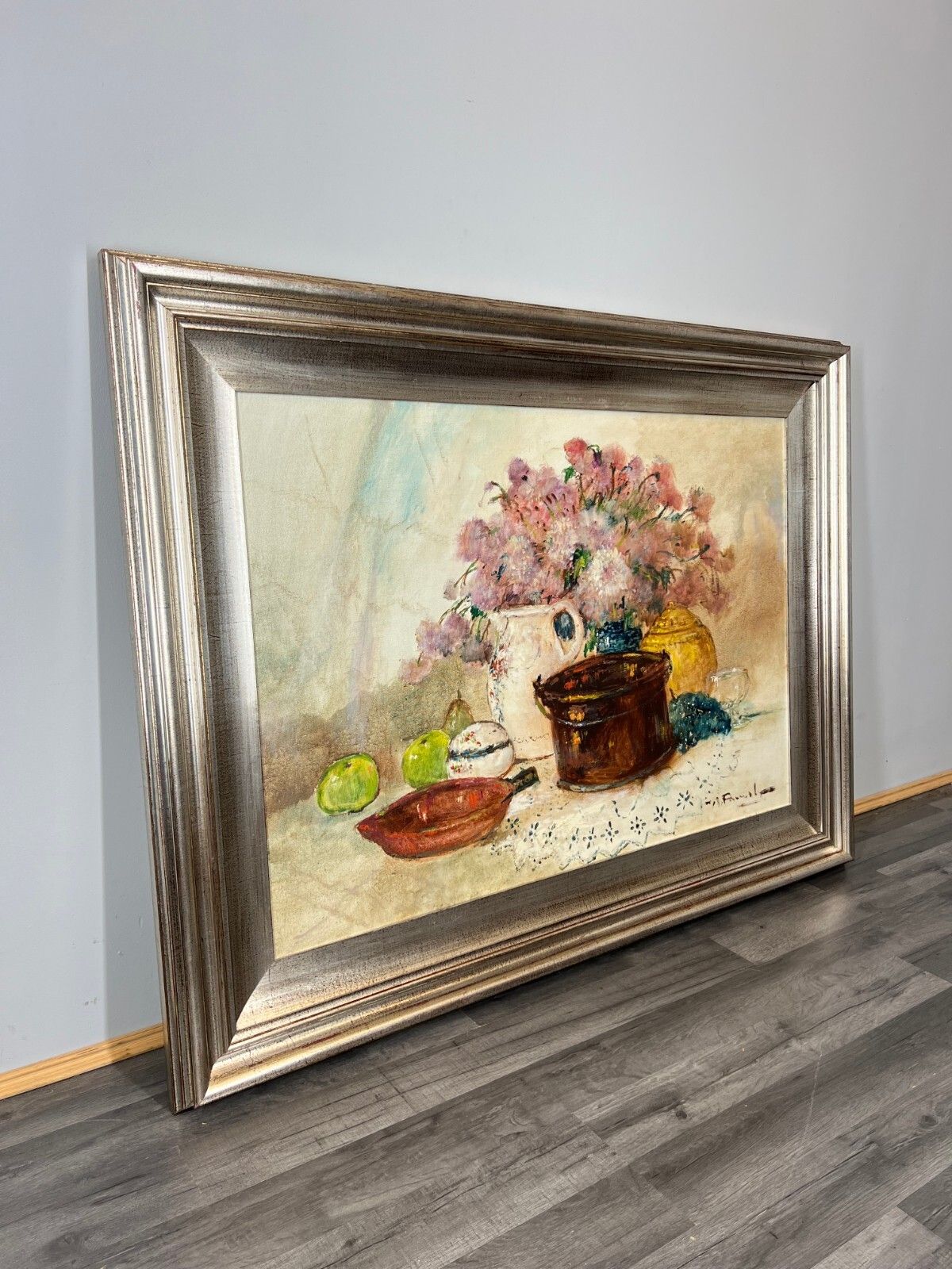 Signed Oil Painting Still Life Flowers Fruit Large Framed Artwork Lot 3821 photo for sale