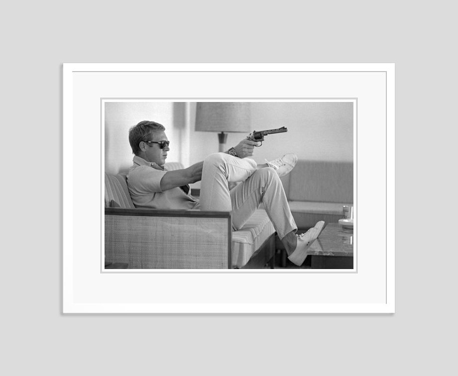 'Steve Mcqueen Takes Aim' 1963 By John Dominis Oversize C Print Framed In White photo furniture