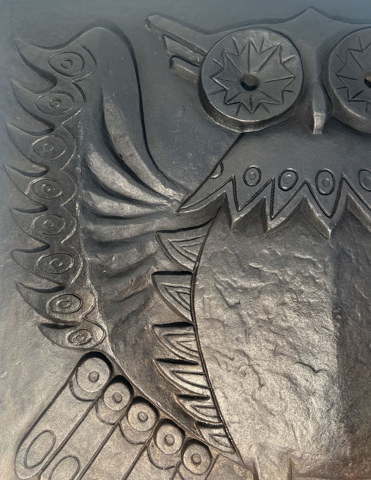 Modernist Cast Iron Fireplace Plate Owl Model Signed Lucas photo for sale
