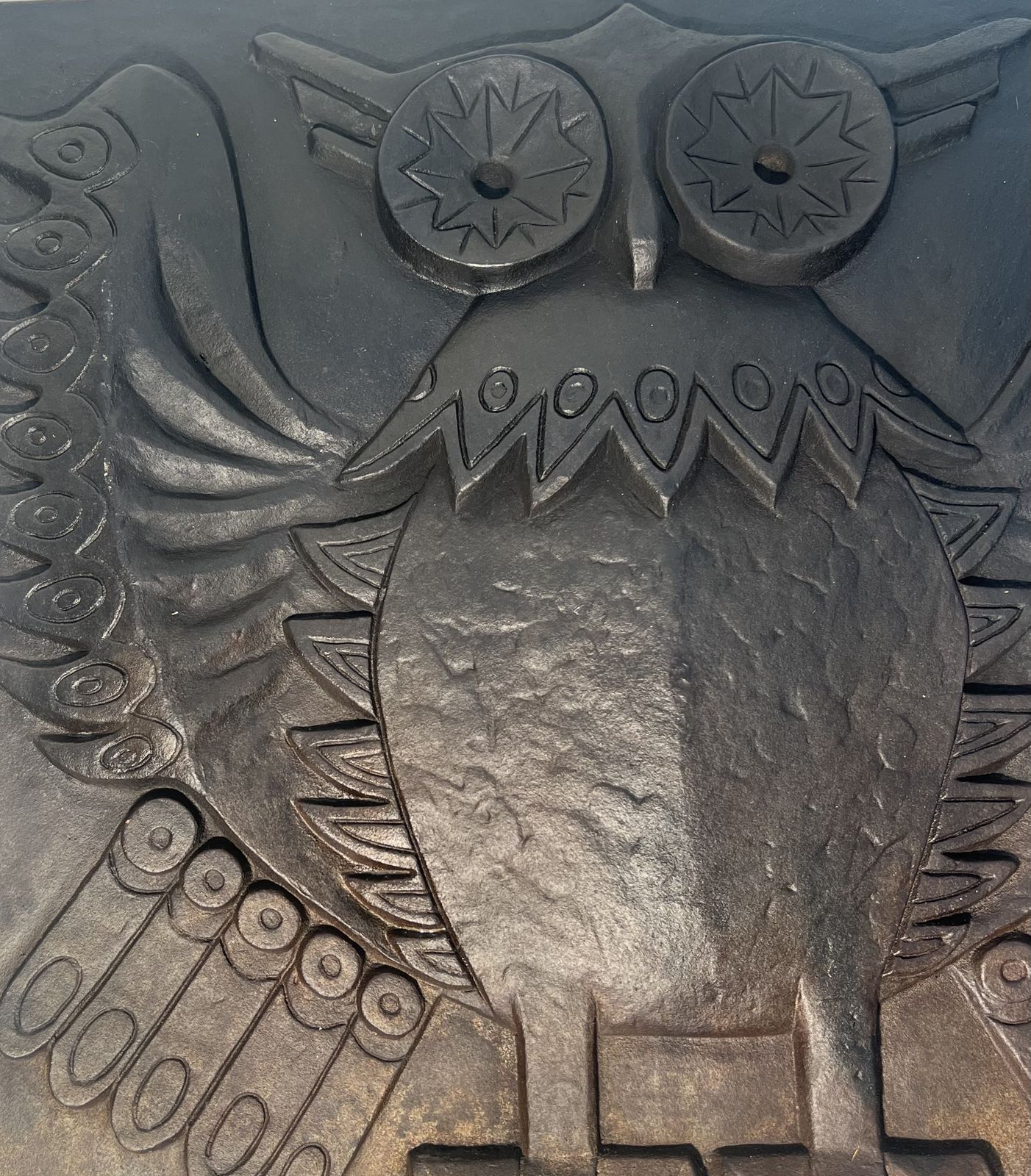 photo buy Modernist Cast Iron Fireplace Plate Owl Model Signed Lucas