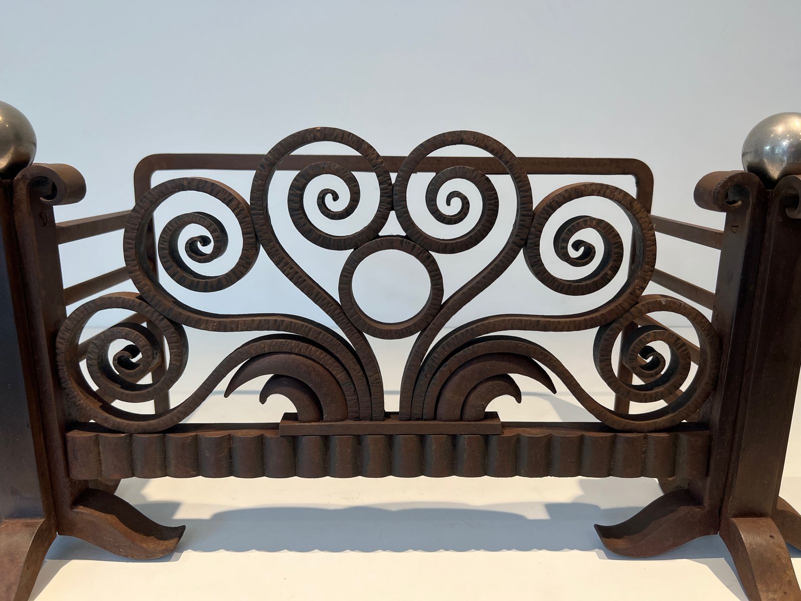 Log Basket Or Andirons In Hammered Wrought Iron And Chrome In The Style Of Edgar Brandt. Circa 1930 photo Home Decor