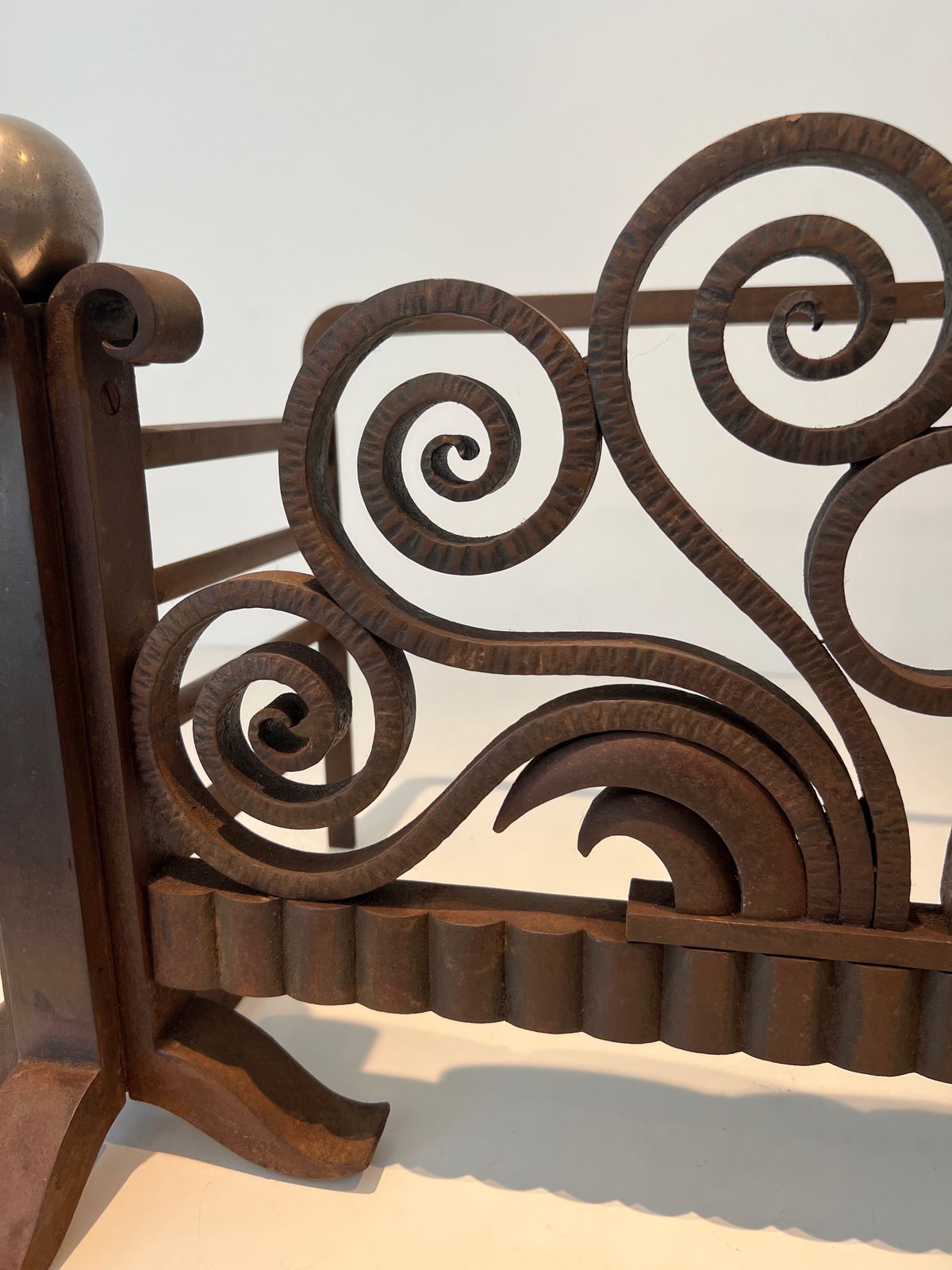 Log Basket Or Andirons In Hammered Wrought Iron And Chrome In The Style Of Edgar Brandt. Circa 1930 photo vintage
