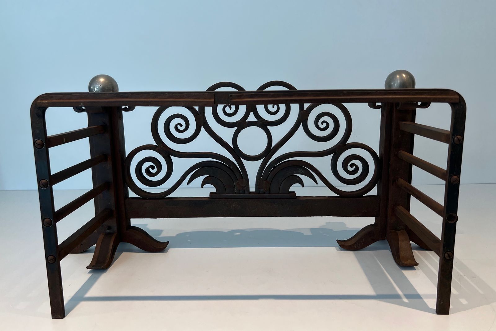 photo buy Log Basket Or Andirons In Hammered Wrought Iron And Chrome In The Style Of Edgar Brandt. Circa 1930