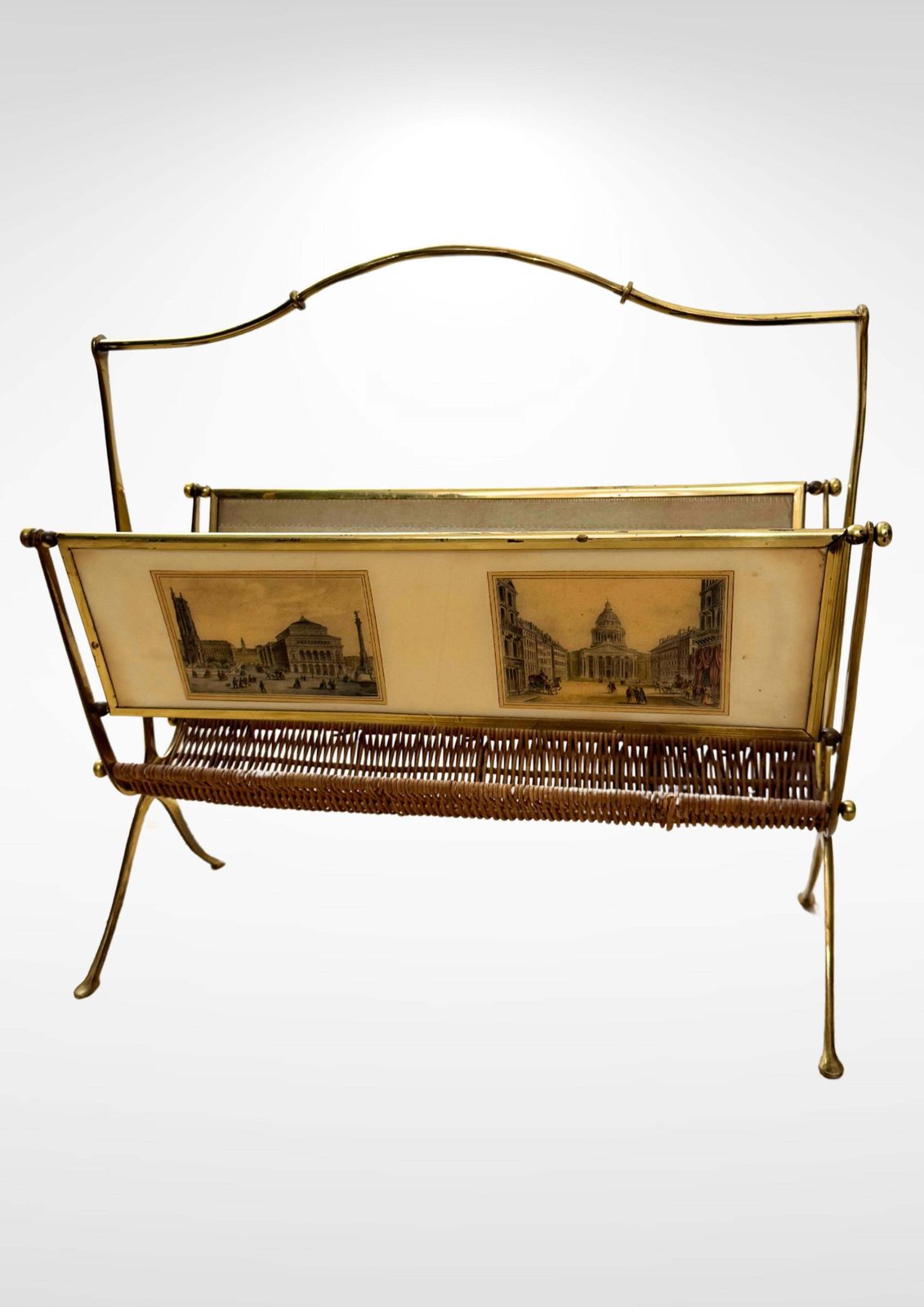 1940s Brass And Rattan Weave Magazine Rack By Maison Baguès photo vintage