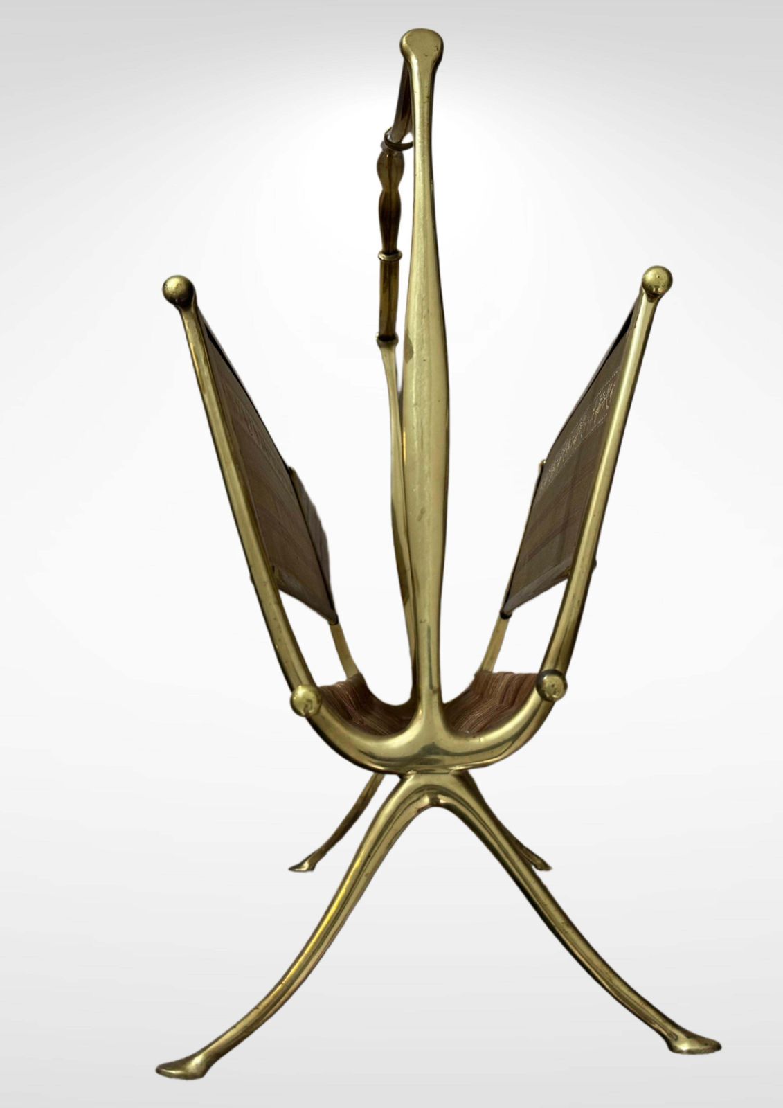 photo for sale 1940s Brass And Rattan Weave Magazine Rack By Maison Baguès