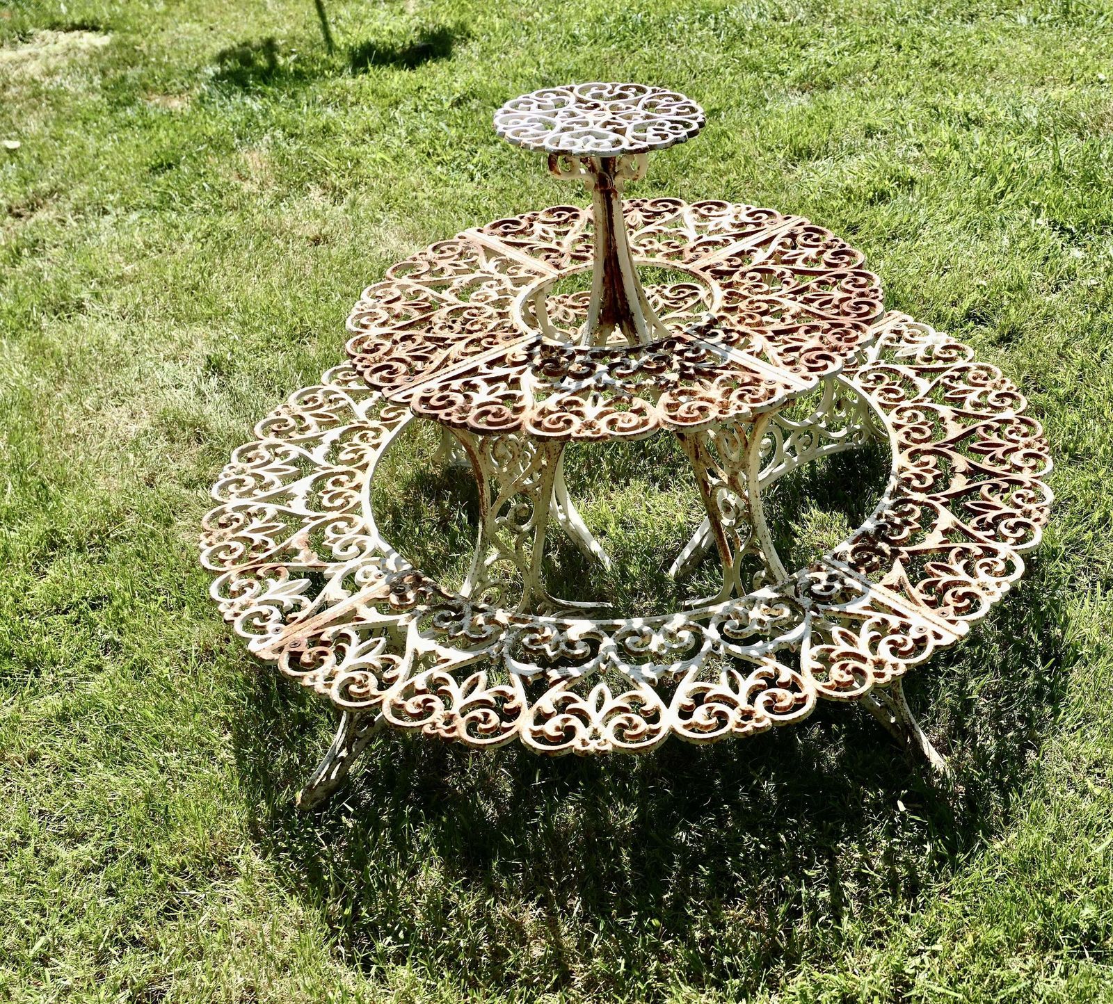 Round 3 Tier Weathered Cast Iron Plant Stand. photo vintage