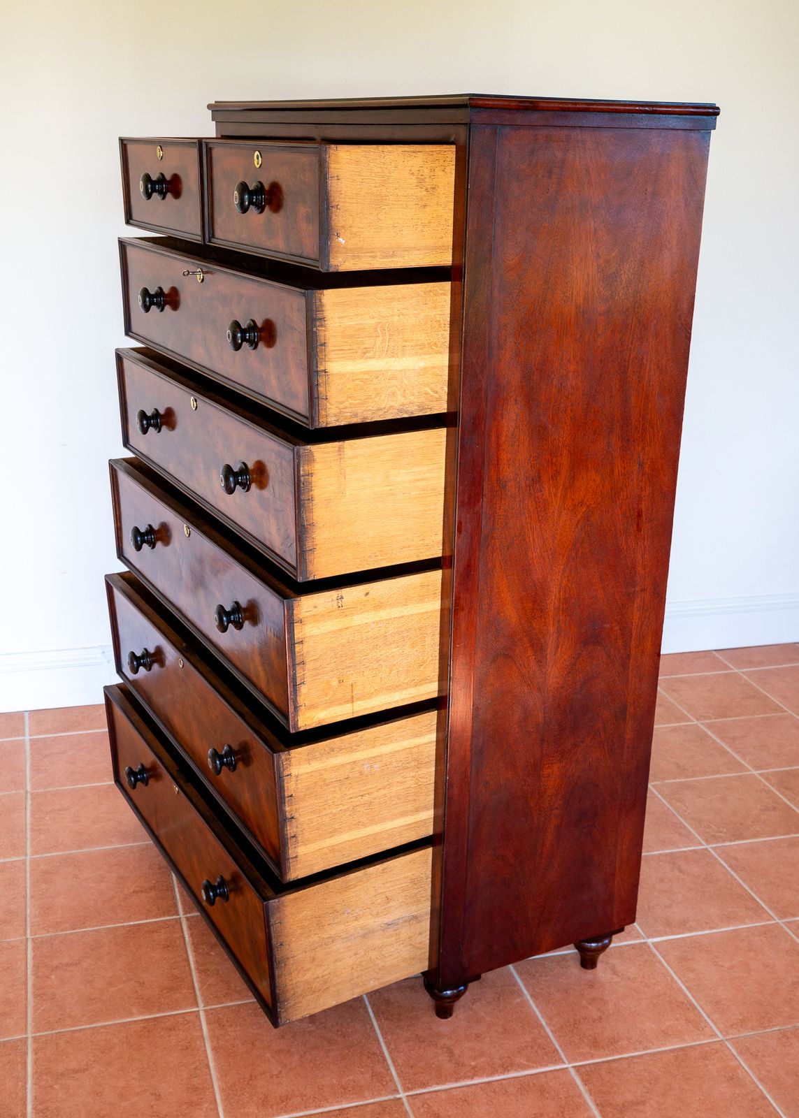 photo furniture Rare Tall Antique Chest Of Drawers Flame Mahogany 1840 Country House Highboy Tallyboy 7 Drawers Biedermeier 19th Century Mother Pearl Early Victoria.N