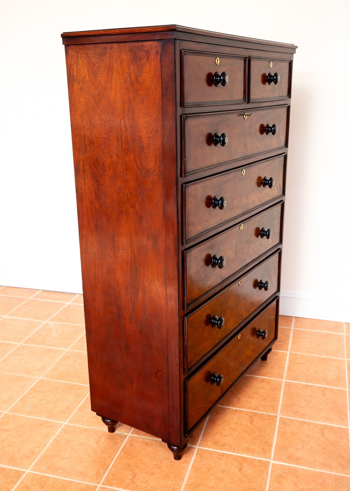 Furniture Rare Tall Antique Chest Of Drawers Flame Mahogany 1840 Country House Highboy Tallyboy 7 Drawers Biedermeier 19th Century Mother Pearl Early Victoria.N photo