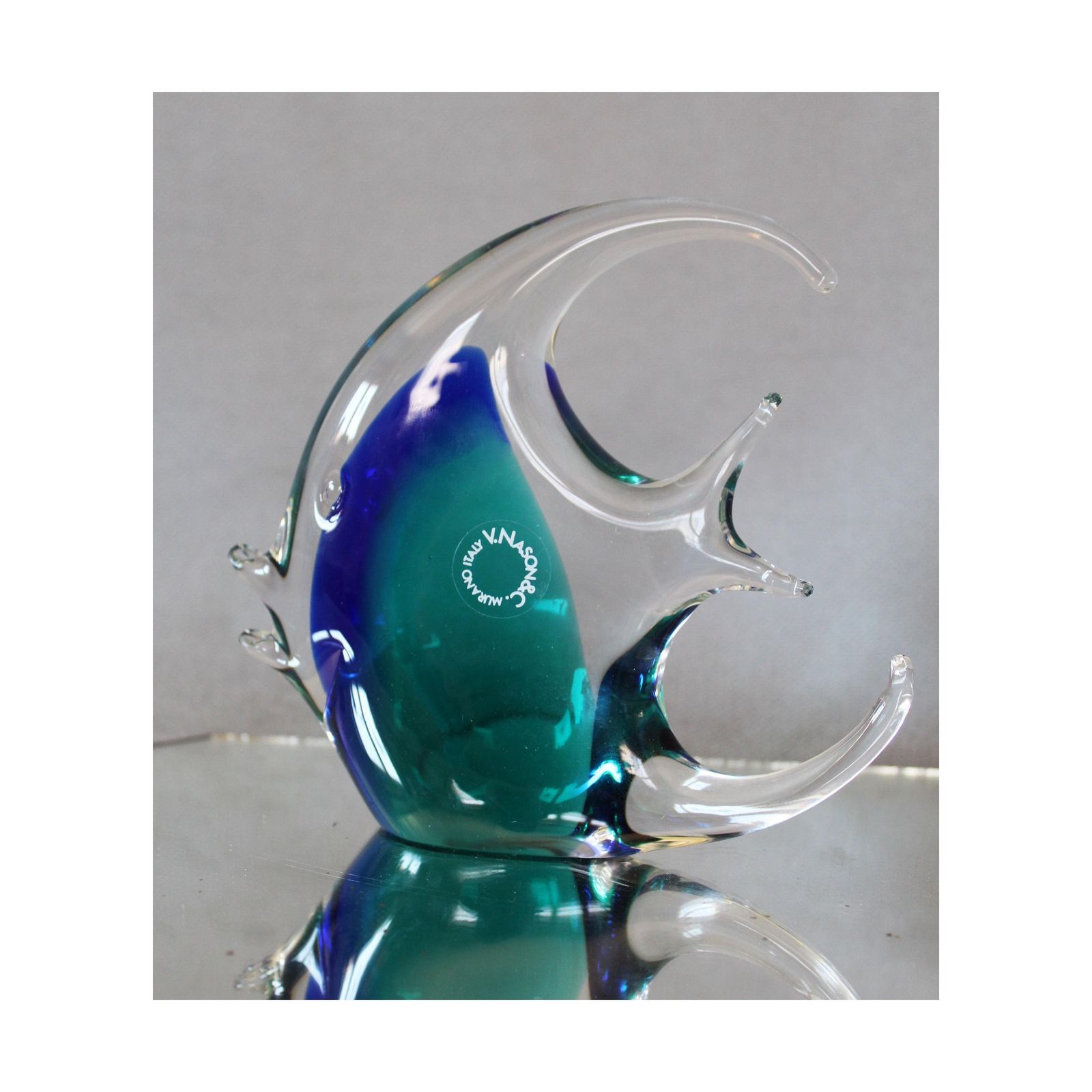 Vintage Vincenzo Nason Art Glass Sculpture, Flat Fish, Murano, Vnc Italy, Original Label, Turquoise Blue Clear, Hand Made