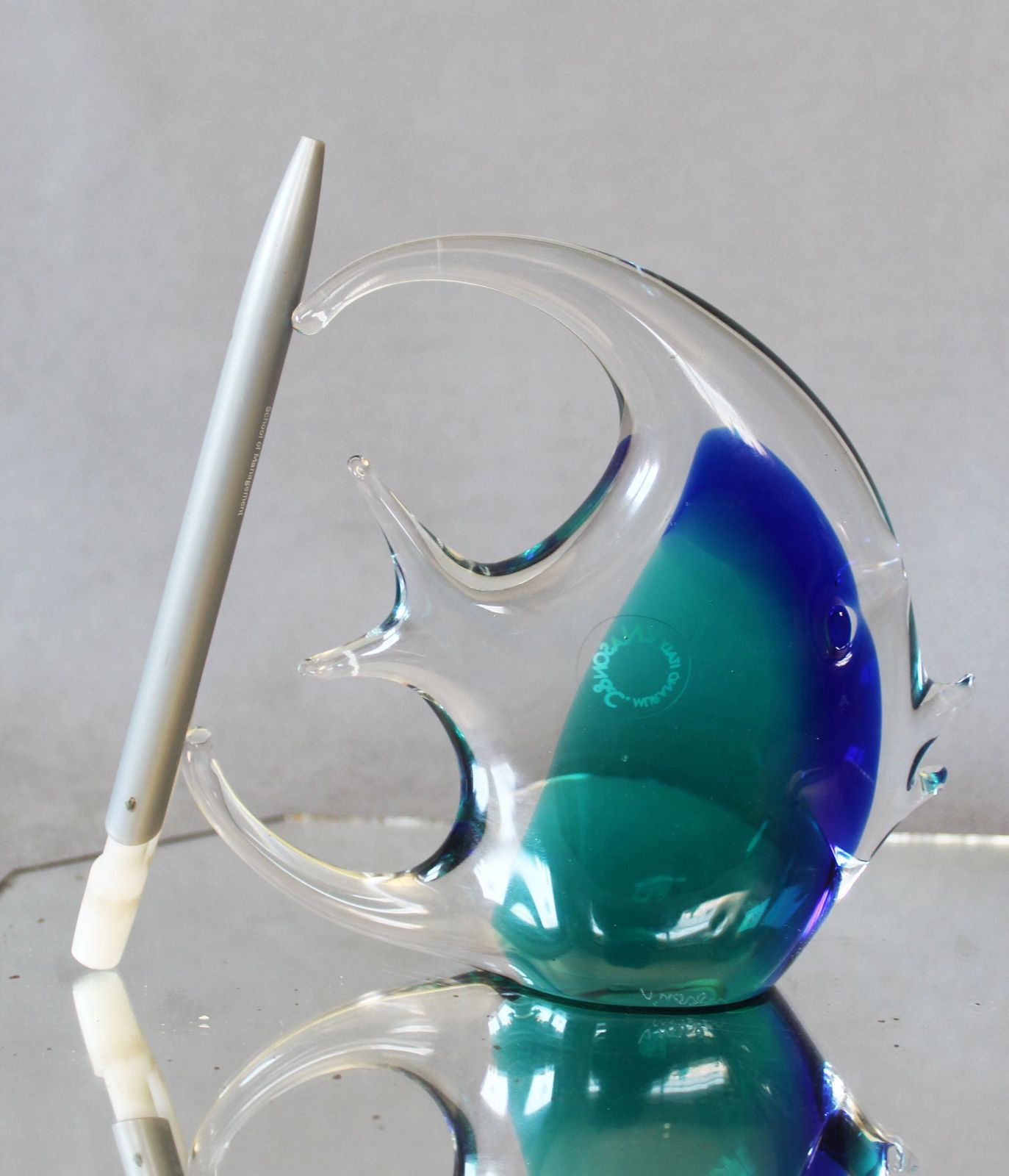 Vintage Vincenzo Nason Art Glass Sculpture, Flat Fish, Murano, Vnc Italy, Original Label, Turquoise Blue Clear, Hand Made photo vinterior