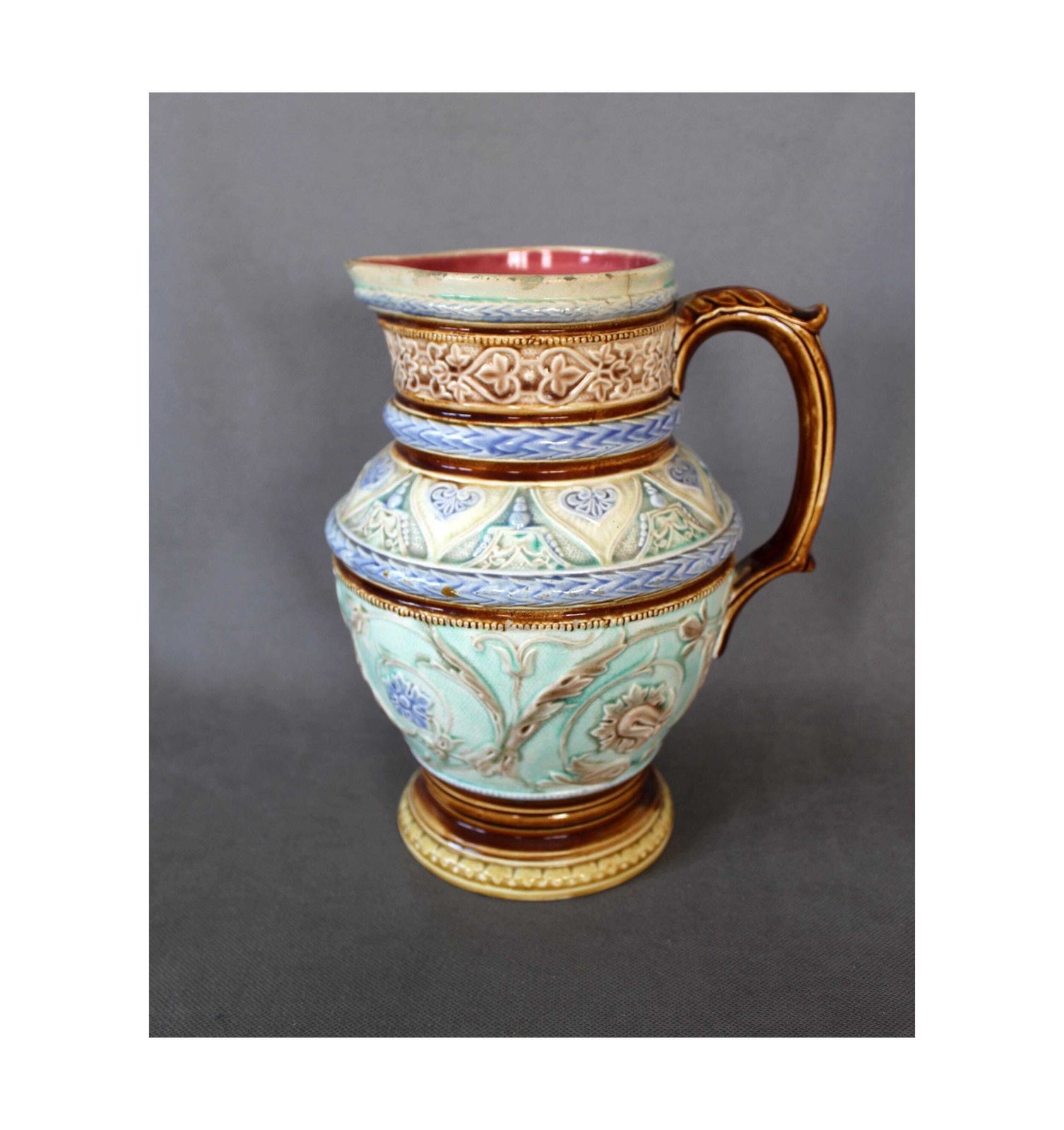 Grote Antieke Mouzin Lecat Nimy Lez Mons België, Ca. 1851–1898, Majolica Keramische Kan / Waterkan, Verzamelobject, Victoriaans