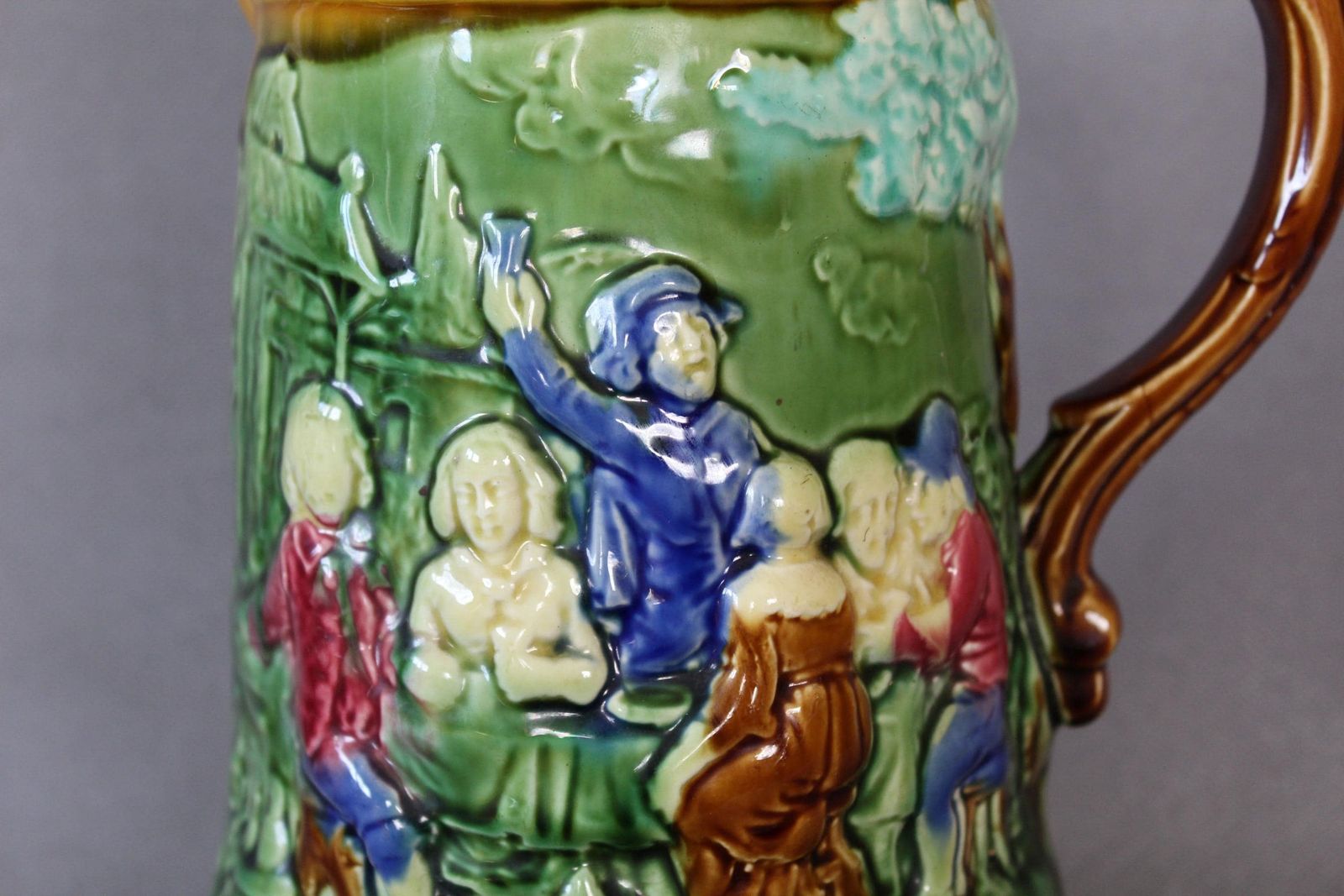 Large And Tall Antique French, Mid To Late 19th Century, Majolica Ceramic Jug, Water Pitcher, Collectible, Victorian, Harvest And Feast photo for sale