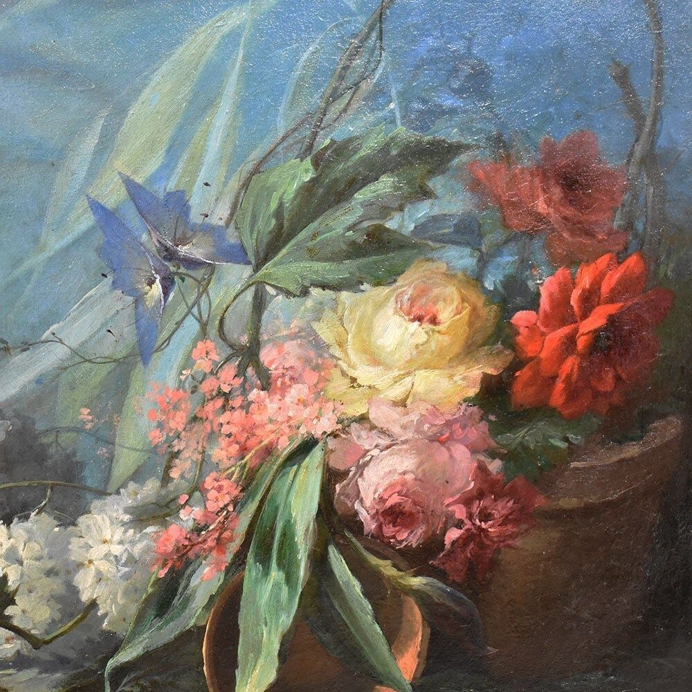 Antique Flower Painting, Dahlias, Roses And Hydrangeas Flowers, Oil On Canvas, 19th Century. (Qf557) photo for sale