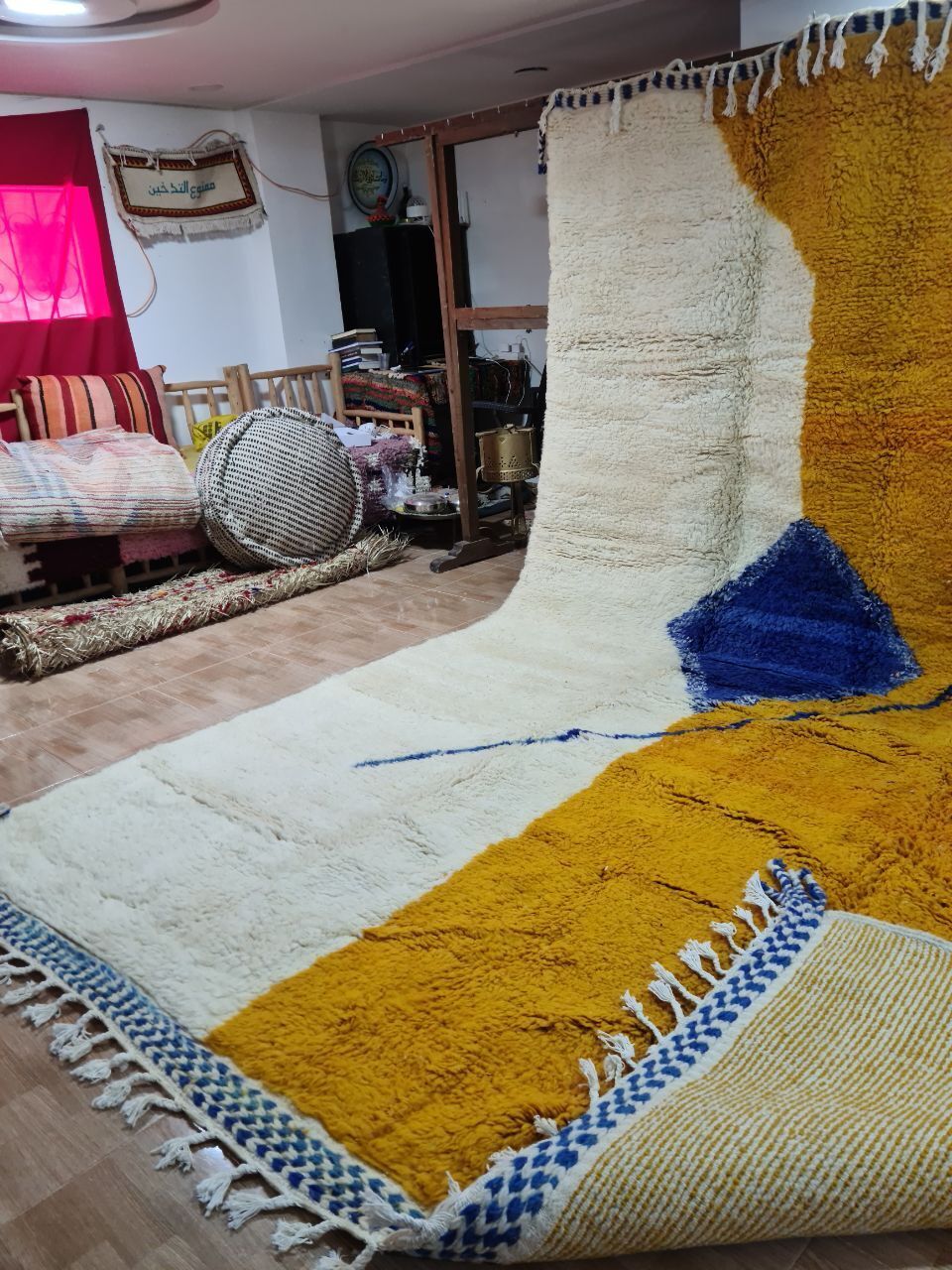 Large Handwoven Beni Ourain Moroccan Rug – 400x270 Cm – Abstract Geometric Design In Mustard, Cream & Indigo photo Textiles