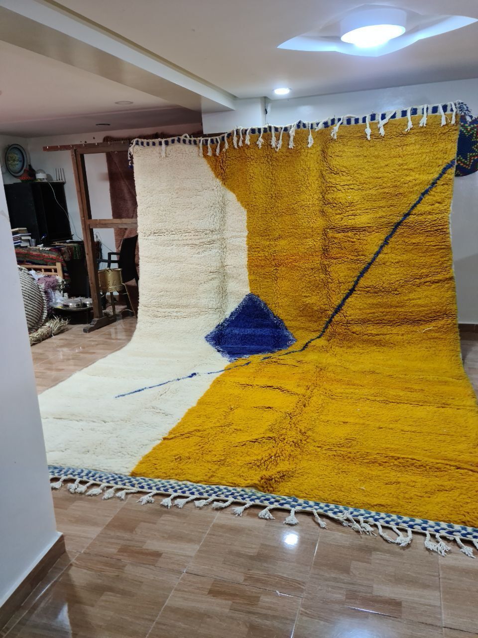 Large Handwoven Beni Ourain Moroccan Rug – 400x270 Cm – Abstract Geometric Design In Mustard, Cream & Indigo