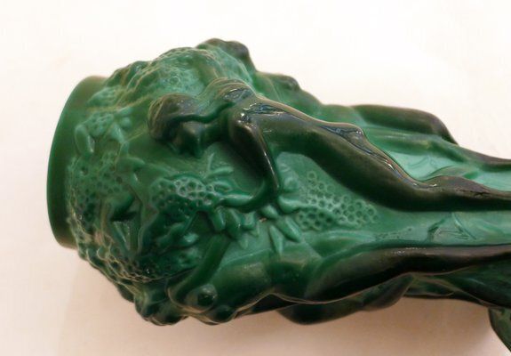 Small Czech Art Deco Vasein Malachite Green Opaline Glass With Bacchantes Attributed To Heinrich Hoffmann, 1930s photo for sale