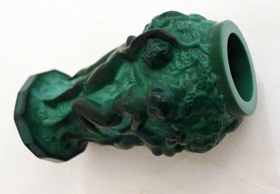 Small Czech Art Deco Vasein Malachite Green Opaline Glass With Bacchantes Attributed To Heinrich Hoffmann, 1930s photo 249.0