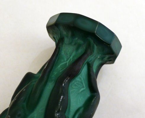 Small Czech Art Deco Vasein Malachite Green Opaline Glass With Bacchantes Attributed To Heinrich Hoffmann, 1930s photo vintage