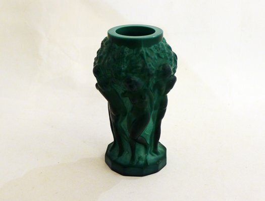 249.0 Small Czech Art Deco Vasein Malachite Green Opaline Glass With Bacchantes Attributed To Heinrich Hoffmann, 1930s photo