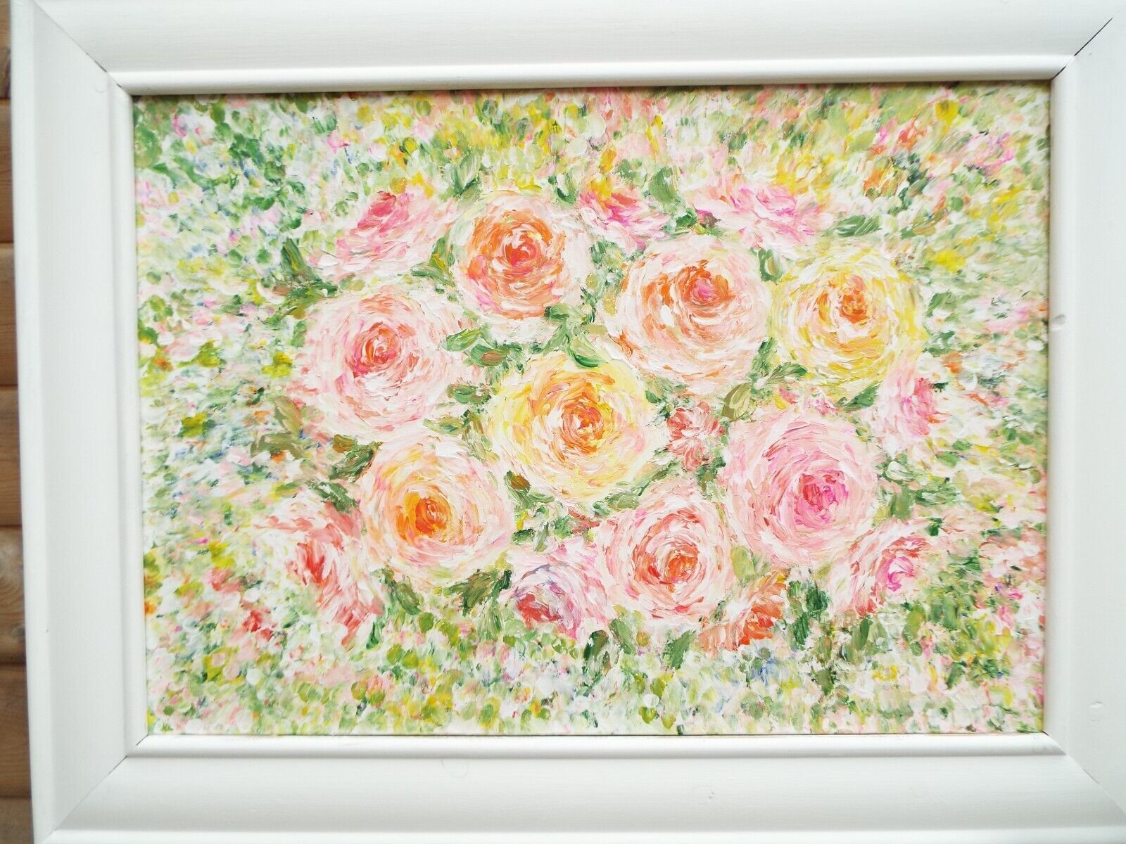 Large Pastel Roses Painting Framed Floral Signed Original Acrylic Flowers Andi photo furniture