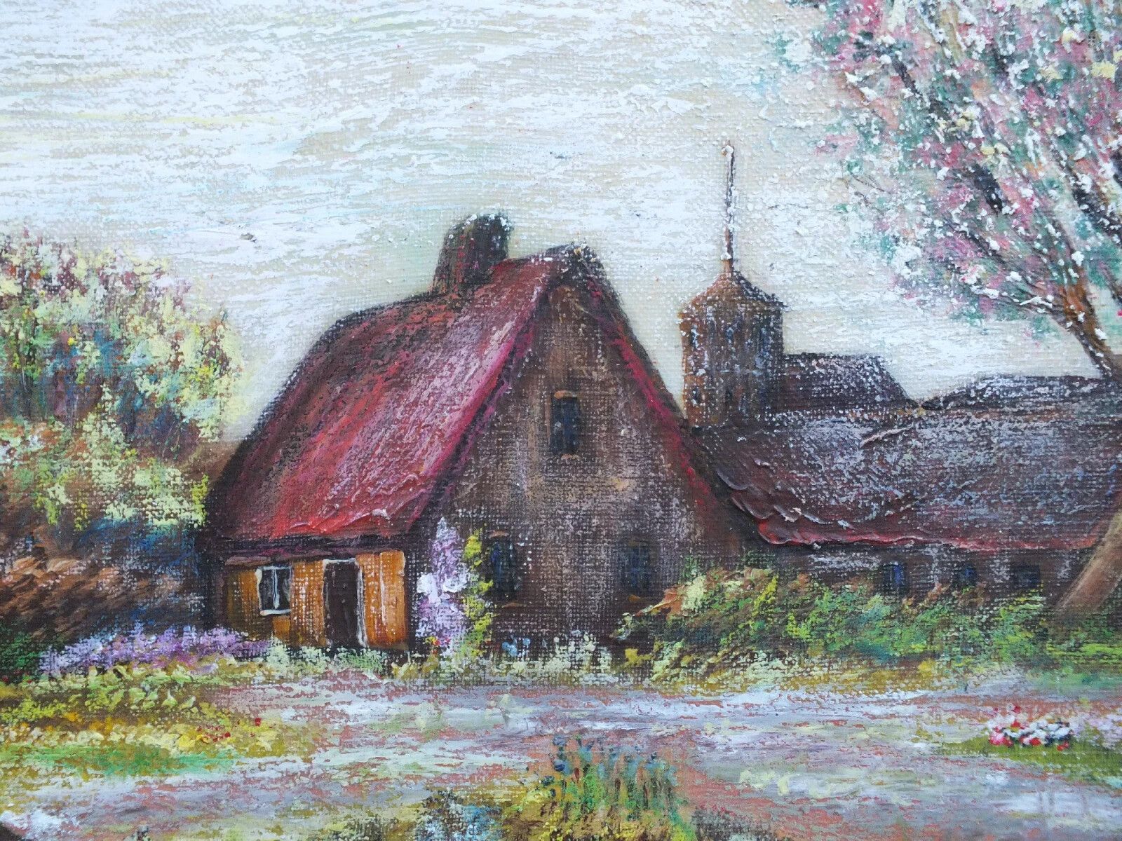 French Impressionist Farmhouse Lakeside Landscape Original Vintage Oil Painting photo for sale