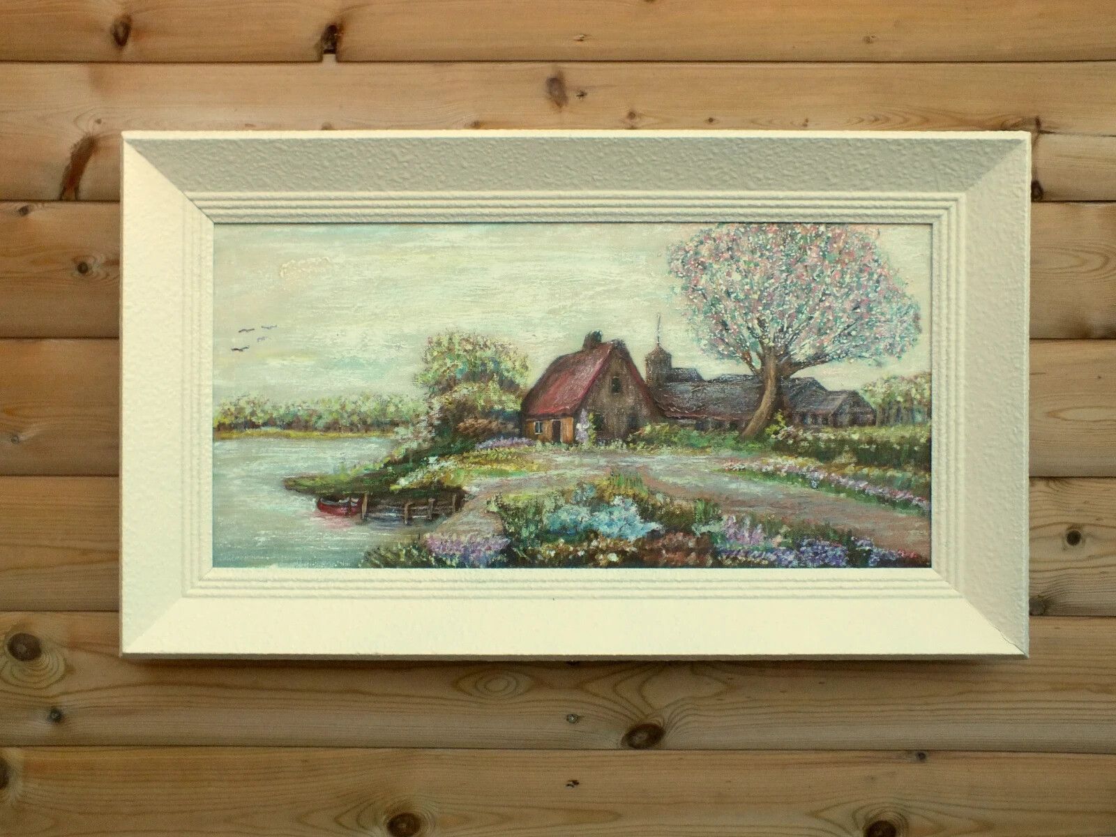 French Impressionist Farmhouse Lakeside Landscape Original Vintage Oil Painting photo Art