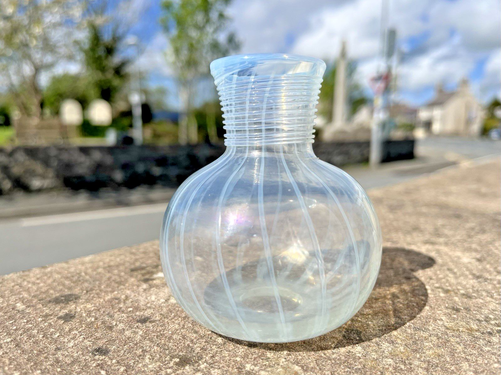 Antique 19th C Glass Opalescent Trailed Striped Miniature Bud Vase Ink Pot