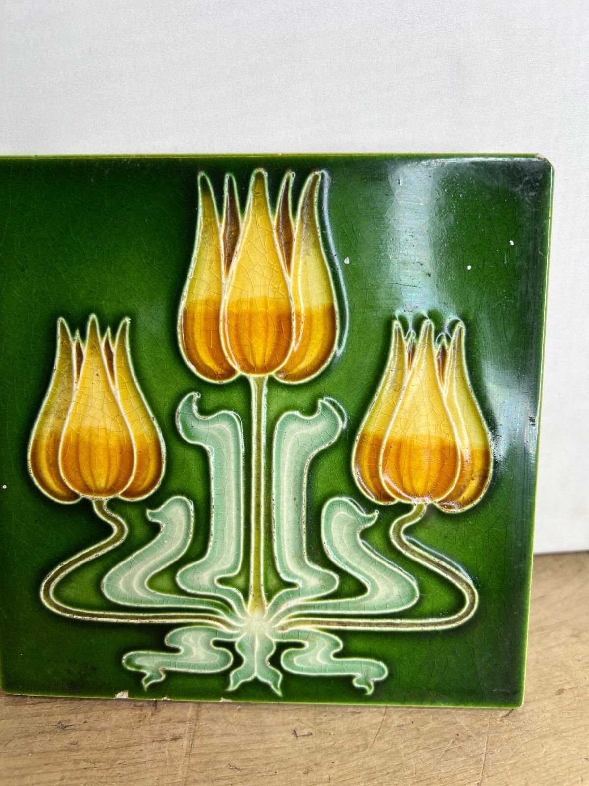 Antique Fireplace Tile Triple Tulip Gibbons Hinton & Co English 1906 Good Cond photo furniture