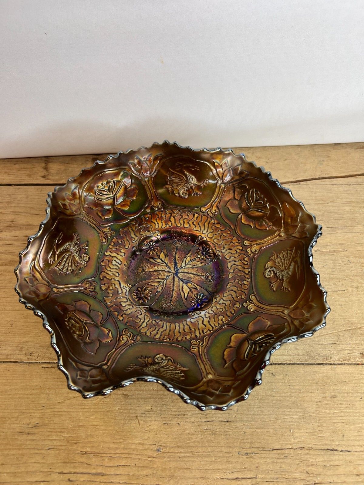 Beautiful Fenton Blue Dragon & Lotus Carnival Glass Bowl Good Condition photo furniture
