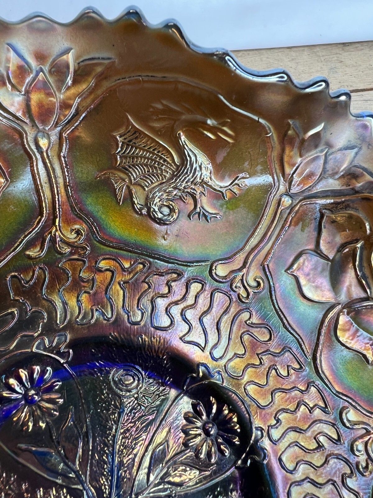 Beautiful Fenton Blue Dragon & Lotus Carnival Glass Bowl Good Condition photo vintage