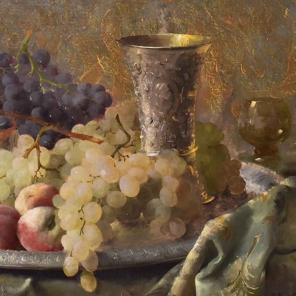 Still Life Oil Painting, Still Life With Fruit, Grapes And Peaches, Oil On Canvas, Antique Painting, XIX Century. photo for sale