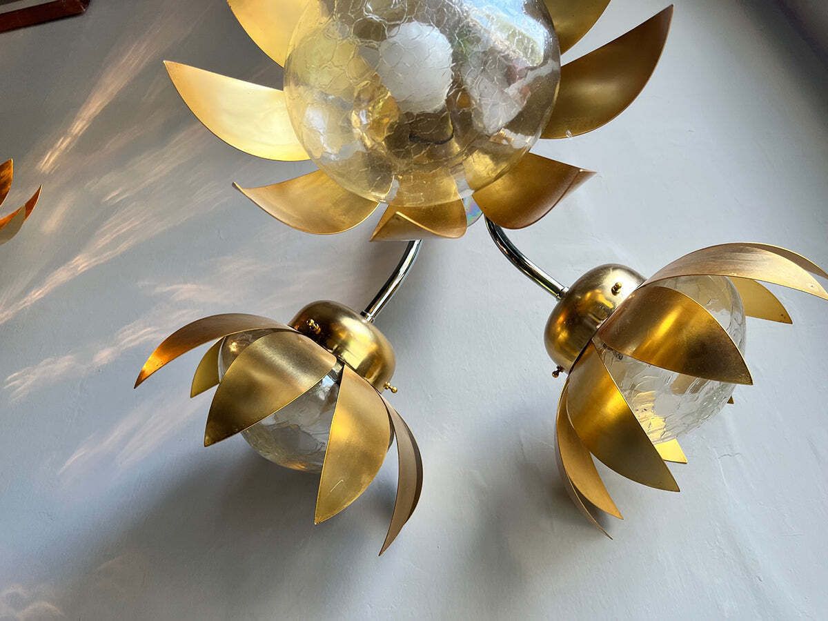 Vintage 70's Brass And Chrome Steel Floral Pendant Lamp  Top Lighting photo furniture