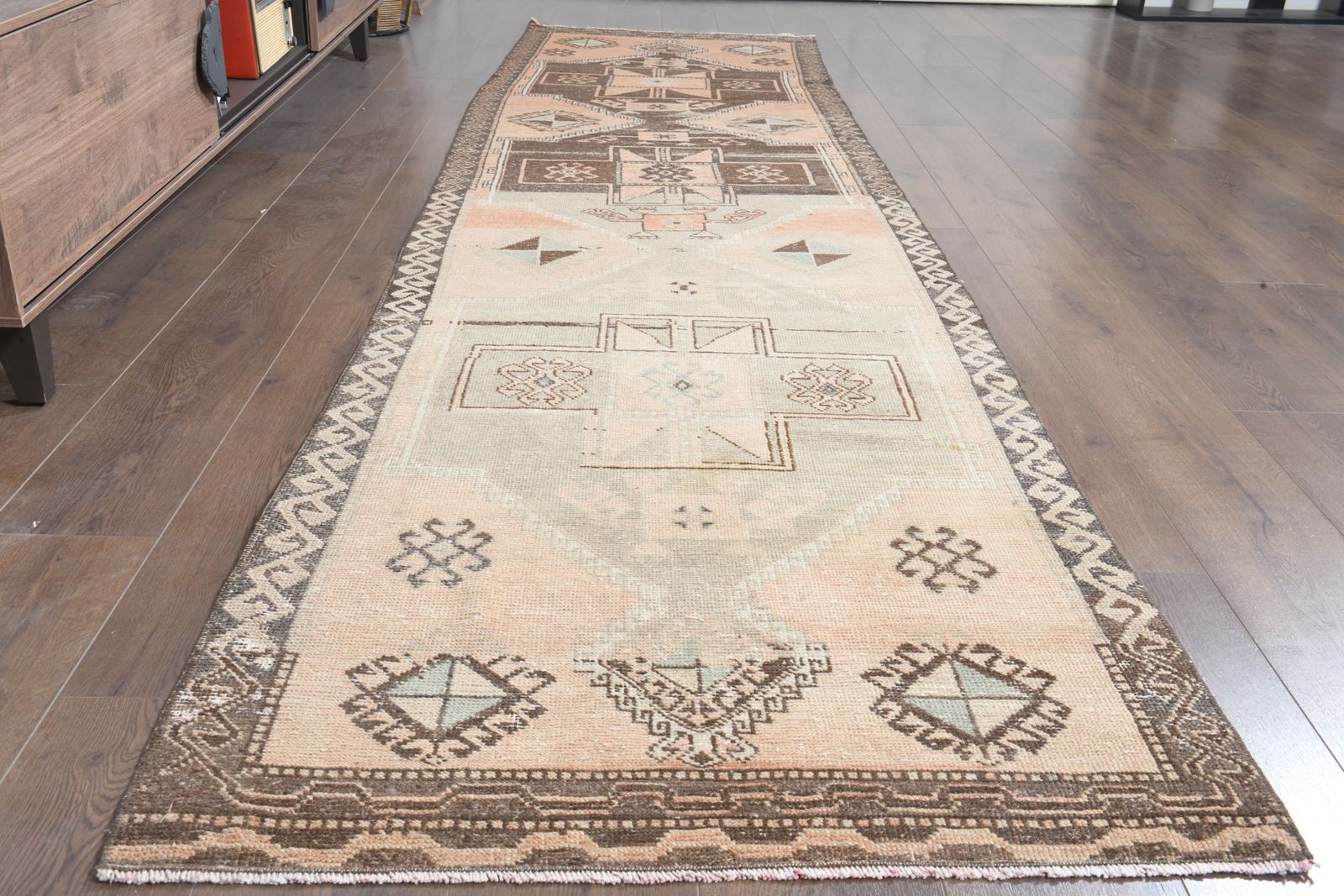 3'2x12'1 Ft, Boho Chic Decor One Of A Kind Turkish Runner, Handmade Oushak Rug, Wool, Washable, Low Pile, Hallway Carpet, Kitchen Decor, Stair Decor photo furniture