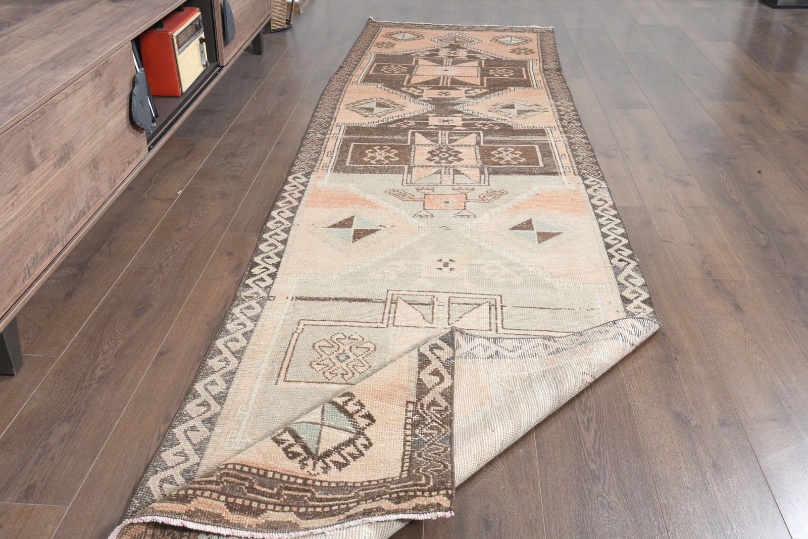 3'2x12'1 Ft, Boho Chic Decor One Of A Kind Turkish Runner, Handmade Oushak Rug, Wool, Washable, Low Pile, Hallway Carpet, Kitchen Decor, Stair Decor