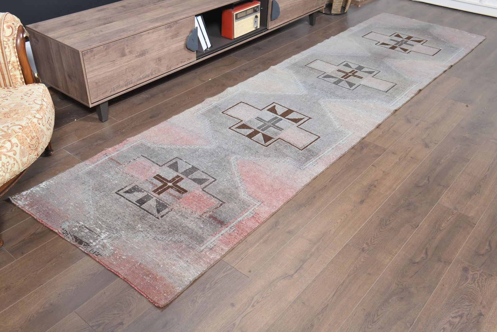 3'2x12'3 Ft, Unique Wool Vintage Turkish Runner, Handmade Oushak Rug, Grey Color, Root Dye, Washable, Stair Decor, Hallway Decor, Kitchen Decor, 3x12 photo Textiles